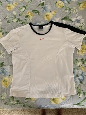 Nike White Short-Sleeve Training Tee with Black Shoulder and Red Swoosh